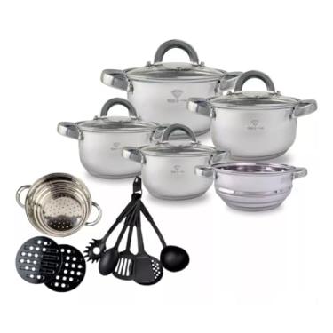 Imagem de Jogo de Panelas 19 Peças Inox Antiaderente Tampa de Vidro Para Fogão e Indução