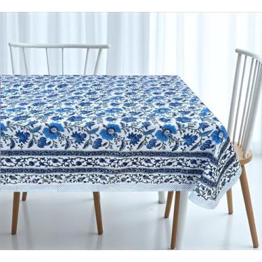 Imagem de Toalha de mesa de outono 100% algodão – Toalha de mesa de jantar quadrada com estampa bloco de mão para jantar, Hoildays, casamentos e decoração de outono, toalha de mesa de Natal (estampa floral azul