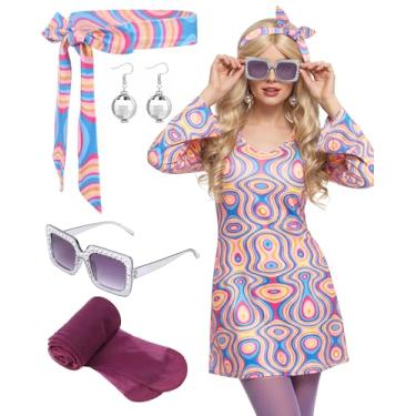 Imagem de Janmercy 5 peças de fantasias hippie dos anos 70, 80, acessórios para mulheres, roupa de discoteca dos anos 70 para festa de Halloween, cosplay, Colorido., Small