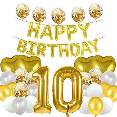 Imagem de Balão doce de 10º aniversário, decorações de 10 anos, artigos de festa de 10 anos, números dourados, balões de Mylar, balões de látex para meninas, meninos, mulheres, homens