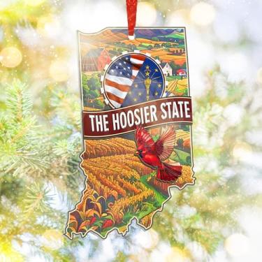 Imagem de Ornamento de apanhador de sol do estado de Indiana – 10 x 6 cm "The Hoosier State" Decoração suspensa de janela de cardeal e milharal, presente de fazenda do meio-oeste