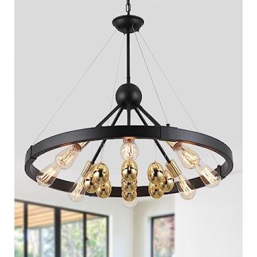 Imagem de Q&S Lustre De Roda De Carroça Preto E Dourado, 8 Luzes, Moderno, Fazenda, Redondo, Círculo, Ovos De Ouro, Luminárias Para Sala De Jantar, Sala De Estar, Quarto, Hall De Entrada, Cozinha, Hotel, List