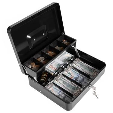 Imagem de Caixa de dinheiro com trava de chave e bandeja de dinheiro, caixa de dinheiro, cofre de bloqueio, cofre para caixa registradora de dinheiro 30 cm x 24 cm x 9 cm (chave preta)