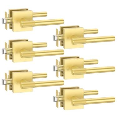 Imagem de Amerdeco Pacote com 6 maçanetas de porta de passagem douradas escovadas, maçanetas resistentes sem travamento para hall, armário, área de escritório, shopping centers AM0029