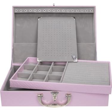 Imagem de Porta Joias Grande Em Maleta Dupla - Organizador Com VáRias Bandejas Para Bijuterias, Ideal Para Viagem - Caixa Grande Para Guardar Toda Sua ColeçãO(Rosa c/Cinza)