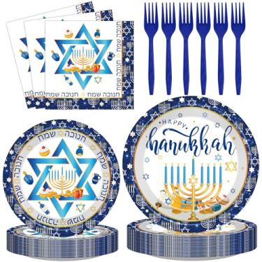 Imagem de VorkiVecKi Decoração de pratos de festa de Hanukkah – 96 peças de chanucá prato de papel e guardanapos, garfos, conjunto descartável, menorá judaica, estrela de Davi, suprimentos de decoração para