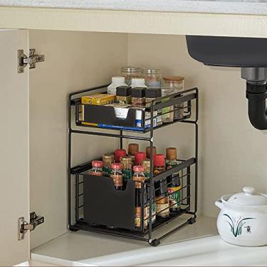 Imagem de Organizador de armazenamento sob a pia debaixo da pia da cozinha, gaveta organizador de cesta deslizante empilhável de 2 níveis, armazenamento debaixo da pia da cozinha,