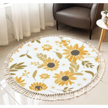 Imagem de Tapete redondo com franja outono girassóis branco sem costura padrão folhas girassóis flores boho tapete de linho tecido à mão pátio corredor tapete decoração de casa sala de estar mesa de banheiro, 9