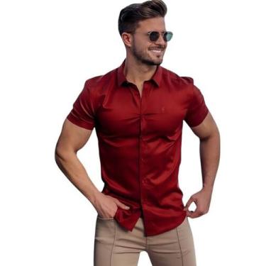 Imagem de Camisa Social Lisa Masculina Manga Curta Slim Fit - Volgue, Vinho, GG