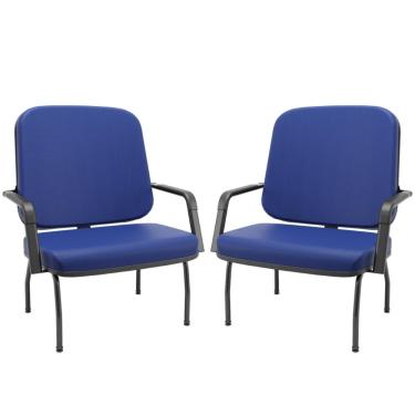 Imagem de Kit 02 Cadeiras de Escritório Recepção com Braço Fixa Preta Magno P03 Vinil Azul - Lyam Decor