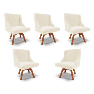 Imagem de Kit 5 Cadeiras Decorativas Sala de Jantar Base Giratória de Madeira Firenze Veludo Bege/Natural G19 - Gran Belo
