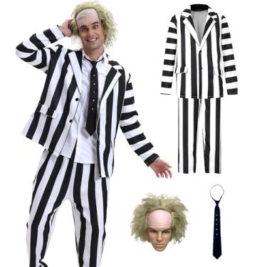 Imagem de Vezadina Conjunto de fantasia de Halloween listrado preto e branco masculino – jaqueta, calça e gravata – Roupa clássica inspirada em filmes para cosplay, Preto/branco, X-Small-Small