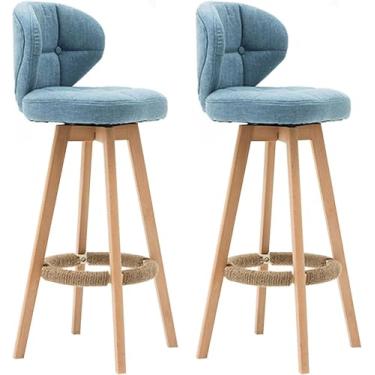 Imagem de Conjunto De 2 Bancos De Bar Giratórios De Altura De Balcão, Cadeiras De Bar Estofadas Em Linho, Bancos De Cozinha Altos Com Encosto E Perna De Madeira, Coffee, High:65CM