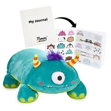 Imagem de MEMORY MATES Almofada de espuma de memória The One-Eyed Monster da Tasha com diário infantil que armazena no bolso da barriga, animal de pelúcia de 38 cm, diário de 15 cm
