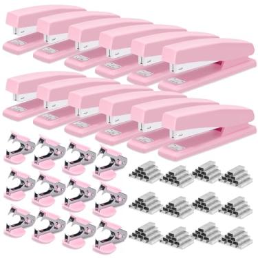 Imagem de Deli Grampeador, pacote com 12 grampeadores com 12.000 grampos e 12 removedores de grampo, grampeadores para mesa, capacidade para 25 folhas, rosa
