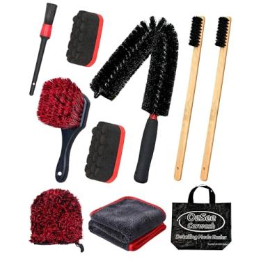 Imagem de oesee Kit de limpeza de compartimento de motor 10 peças, ferramentas profissionais de detalhes sob o capô com escova longa dobrável e escova de crina de cavalo de bambu natural, aplicadores, toalha