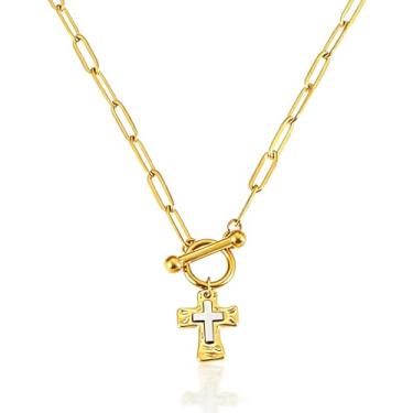Imagem de Zurlcdye Colar feminino com cruz de ouro grosso, pingente de cruz dupla, colar de corrente com clipe de papel, delicado, não mancha, para a fé, joias religiosas, cristãs, presentes, Sem Pedra Preciosa