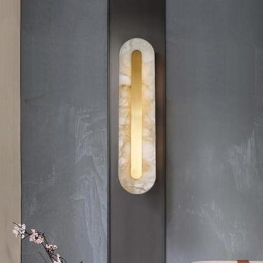 Imagem de Arandela De Parede De Pedra Natural De Latão Barra De Luz De Parede Linear De Mármore Moderno 6w Regulável Led Lâmpada De Parede De Vidro De Alabastro Branco Luz De Vaidade, Oval
