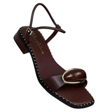 Imagem de Sandália Tamanco Feminino Salto Baixo Conforto Ajustável Regulável Enfeite Lesma Tachas Bico Quadrado (Café, BR, Adulto, Numérico, 35)