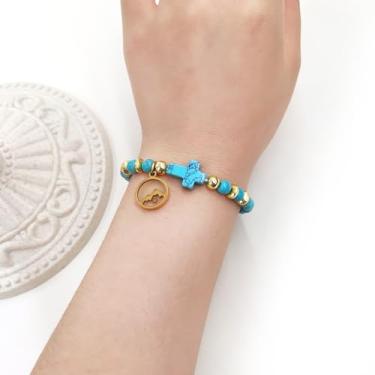 Imagem de Pulseira de fé elástica clássica feita à mão com contas de turquesa cristã, pulseira com pingente de sementes de mostarda religiosa de rotund, joia de fé para oração e bênção, One Size, Pedra Aço
