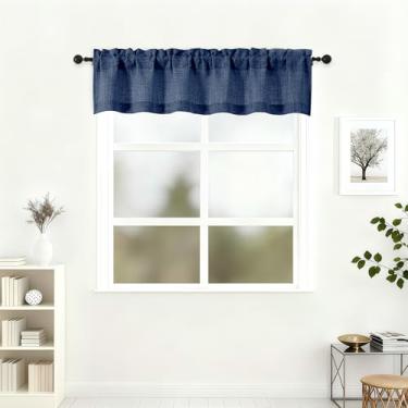 Imagem de Lecloud Saia azul marinho para janela de 30 cm de comprimento, cortinas de cozinha macias texturizadas de linho sintético com filtragem leve, cortinas curtas com bolsos de varão para banheiro, porão