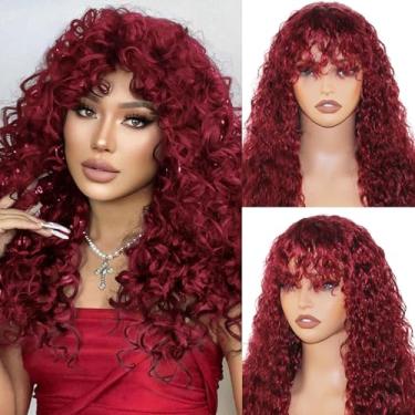 Imagem de ManeMajesty Peruca Ruiva Com Ondas Profundas E Franja, 22" Molhada Ondulada, Sem Cola, Renda Frontal, Feita À Máquina, Cabelo Humano Cacheado, Densidade 150%, 100% Brasileiro, Virgem Para Mulheres,
