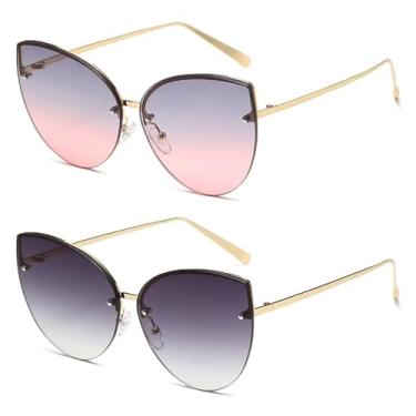 Imagem de Óculos de sol grande sem armação estilo olho de gato, 2 peças, lentes degradê, armação de metal, moderno, óculos de grau