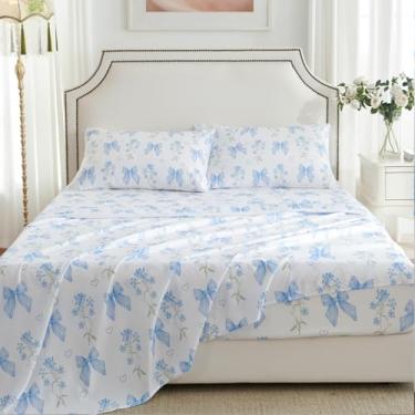 Imagem de CCoutueChen Jogo de lençol casal com laço azul, floral, jardim, microfibra macia, lençol com elástico e fronha, estilo princesa, com laço, 4 peças