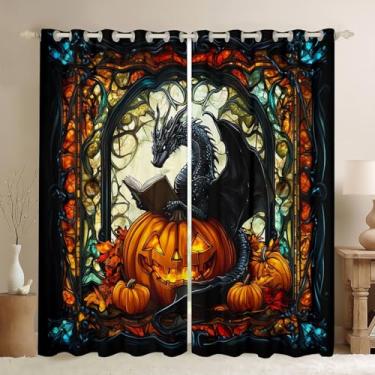 Imagem de Cortinas de janela infantis dragão preto, folha de bordo de abóbora, outono feliz outono, meninos, livros, animais ocidentais, outono, Halloween, rústico, janela, tratamentos de ilhós, conjunto de 2