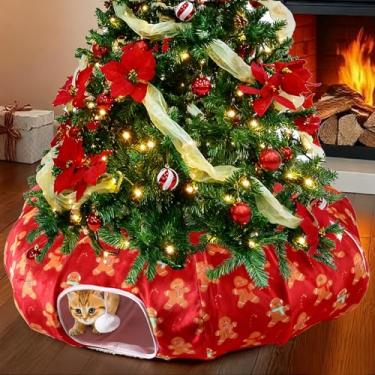 Imagem de Cinnvoice Cama de túnel de gato de Natal fofa circular para árvore de Natal, caverna quente de gengibre e gato com bola pendurada, tubo grande, playground, brinquedos para animais de estimação