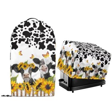 Imagem de NETILGEN 2 peças de capa contra poeira para pequenos eletrodomésticos de cozinha com bainha de cordão de girassol estampa de vaca de fazenda, liquidificador e torradeira, forno, pão, capas para