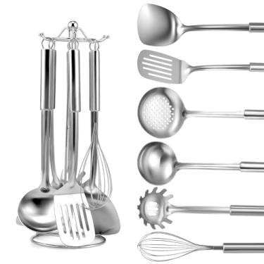Imagem de Gymdin Conjunto de 7 utensílios de cozinha de aço inoxidável com suporte para pendurar, espátula, espátula, concha de sopa, escumadeira, batedor de massa, suporte, lavável na lava-louças