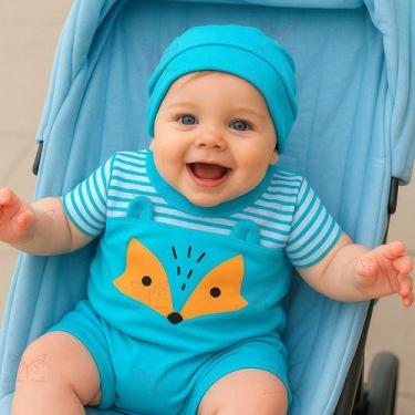 Imagem de Conjunto Macacão Curto + Touca Raposinha Bebe Menino Tam RN a 04 Meses