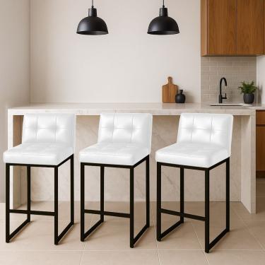 Imagem de Banqueta Cozinha Alta Com Encosto Industrial Kit 3 Preto Lirina Pu C05 - D'rossi Branco