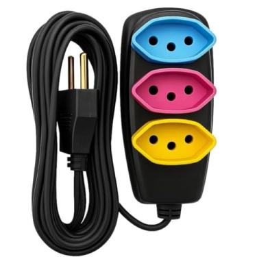 Imagem de Extensão Elétrica Residencial com 3 Tomadas NBR, Cabo 5 Metros, Bivolt 127V/220V, 10 Amperes, Preto com Conectores Coloridos
