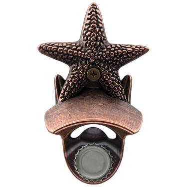 Imagem de Luwanburg Abridor de garrafa magnético montado na parede estrela do mar refrigerante abridor de tampa de bebida parafuso em refrigerador de madeira suporte de cerveja para praia, náutico, litoral