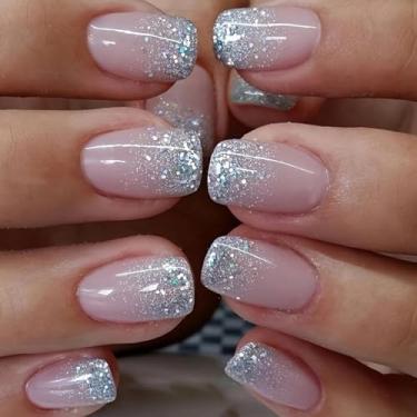 Imagem de 24 peças de unhas postiças francesas, unhas curtas quadradas, unhas postiças com glitter rosa, cola removível na unha, cobertura completa de acrílico reutilizável natural para decoração de manicure