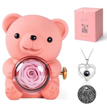 Imagem de HITOP Presentes de rosas para mulheres – Lindo ursinho de pelúcia com rosas reais preservadas para sempre flores e eu te amo em 100 idiomas colar para namorada, esposa, mãe, avó, em aniversários