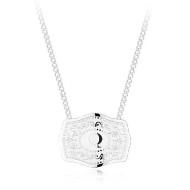 Imagem de Holylegend Colar com pingente de letra inicial banhado a ródio com fivela de cinto em relevo, colar com inicial Western Cowgirl para mulheres, compre 1 e ganhe 2 correntes, joia personalizada para