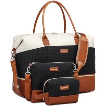 Imagem de CLOKARS Bolsa de viagem feminina, bolsa de fim de semana com bolsa transversal e bolsa de higiene pessoal, Bege, preto, marrom - 2, Medium, Bolsa de viagem de fim de semana