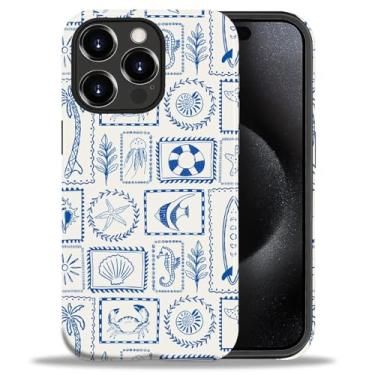 Imagem de Flivro Capa para iPhone 15 Pro, capa rígida de policarbonato e amortecedor interno de silicone, antiarranhões, à prova de impacto, design fino - carimbos conchas azuis verão