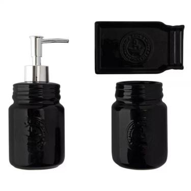 Imagem de Kit Banheiro Lavabo Acessórios De Luxo Cerâmica Preto 3 Peças