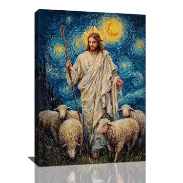 Imagem de Jesus e cordeiros decoração de parede religiosa cristã arte de parede Jesus Cristo o bom pastor pintura Deus emoldurado arte decoração pôster para sala de estar quarto banheiro escritório 41 x 61 cm