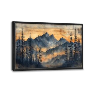 Imagem de Arte de parede emoldurada de montanha de madeira grande decoração de parede em tela de floresta rústica vintage imagens de montanha impressão pintura arte moderna decorações de casa para sala de estar