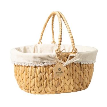 Imagem de BINH YEN HOME Cesta de vime com alças e forro, cesto de piquenique de jacinto de água tecido à mão, cesta oval para acampamento, ao ar livre, frutas, vinho, dia de Ação de Graças, aniversário, Páscoa
