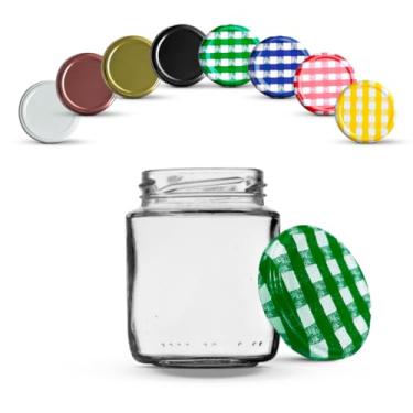 Imagem de Pote Vidro Pequeno, 12 Potes de Vidro 240ml com Tampas Metálicas E Lacres(Verde Xadrez)