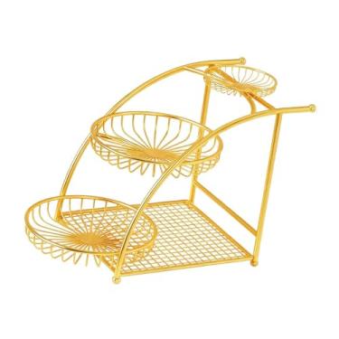 Imagem de Bothyi Cesta de frutas de 3 níveis, expositor de frutas, elegante organizador de mesa portátil multifuncional em metal para utensílios diversos, decoração, Ouro