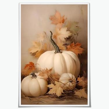 Imagem de Arte de parede em tela de abóbora de outono branco pôster rústico decoração de casa de fazenda pintura natureza morta folhas de outono dia das bruxas decoração de parede para cozinha sala de estar 40