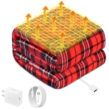 Imagem de Cobertor aquecido alimentado por USB para mulheres, 127 x 152 cm, 9 V, 18 W, cobertor elétrico xadrez vermelho e preto portátil com 1 configuração de calor, cobertores de aquecimento de grafeno de 8