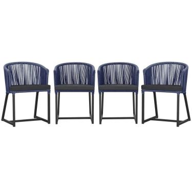 Imagem de 4 Cadeiras De Jantar Noronha Preta Corda Náutica E11 Trama Azul